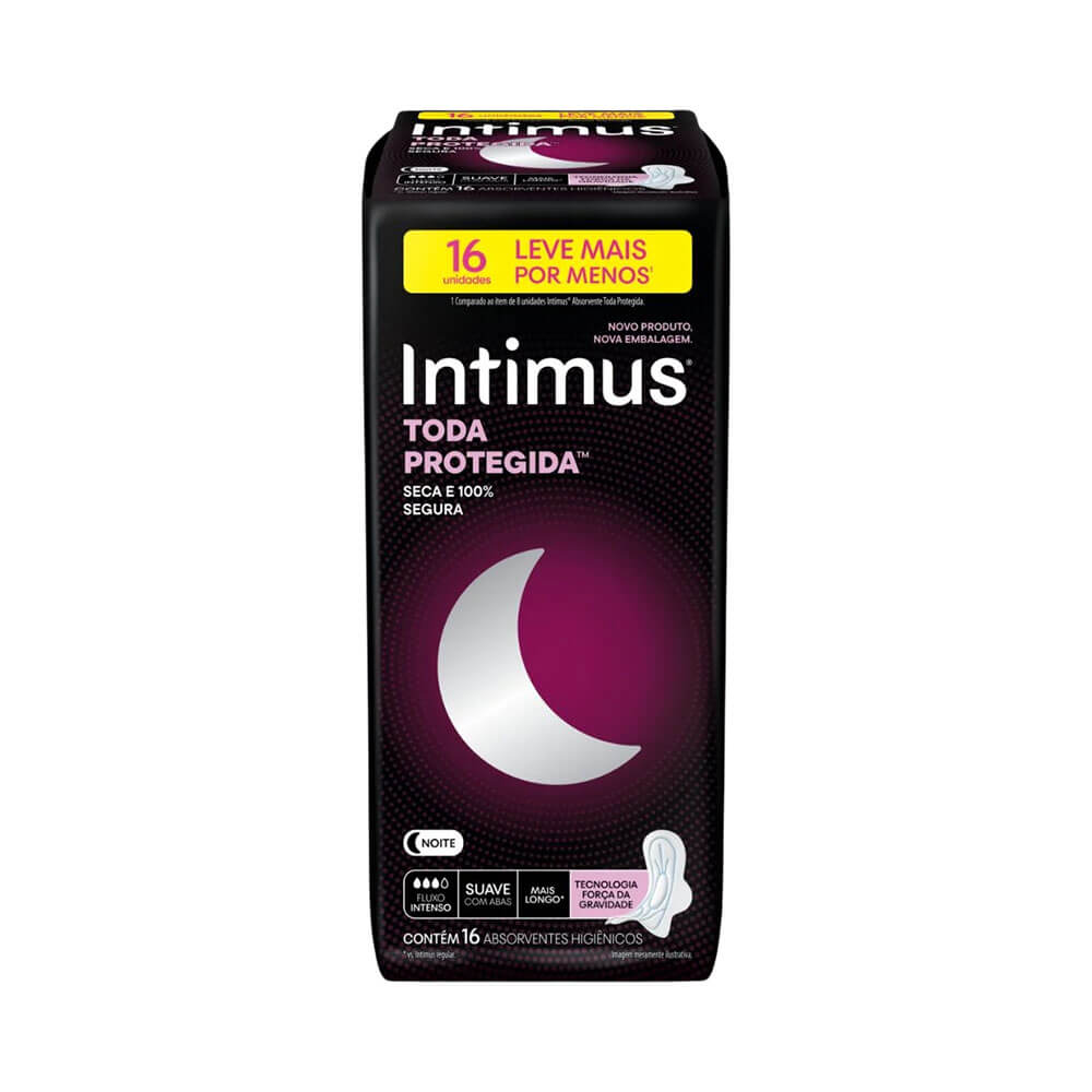 Pacote de absorventes Intimus Gel Noturno com Abas, embalagem preta com detalhes em roxo e branco
